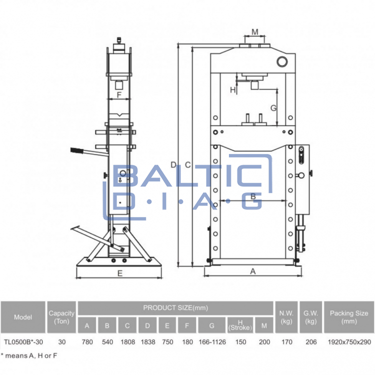 Hydraulic press with manometer 30t, stockings