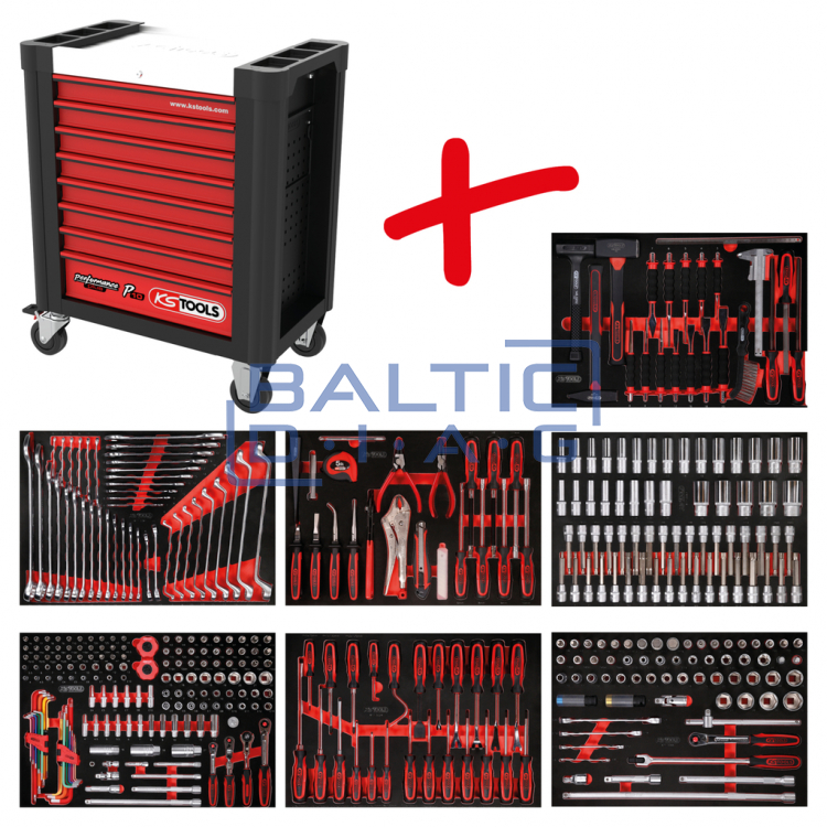 Performanceplus dirbtuvių įrankių vežimėlių rinkinys KS Tools P10 su 403 įrankiais 7 stalčiams