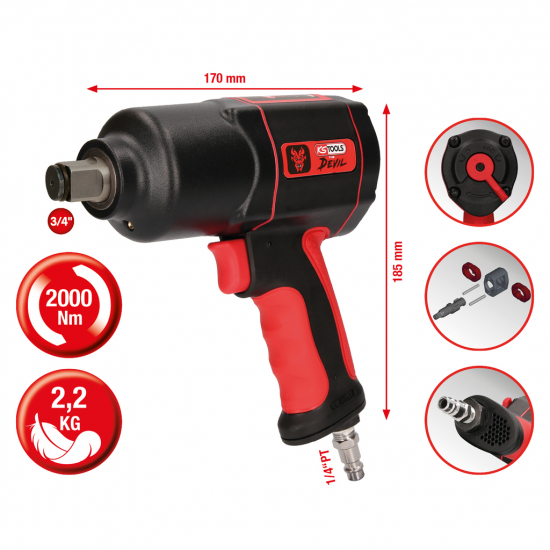 3/4 ”KS Tools THE DEVIL high performance pneumatic impact wrench, 2000 Nm