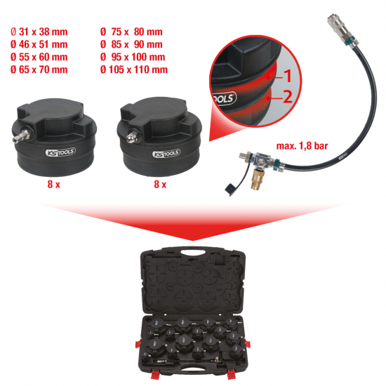 KS Tools turbocharger system pressure measuring set, with adapters, 17 pcs.