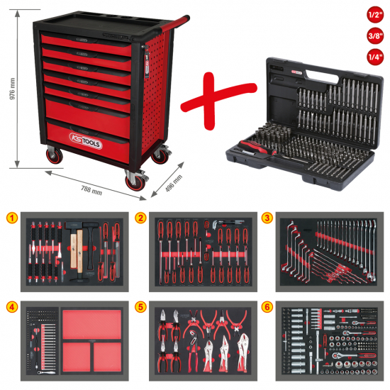 RACINGline tool trolley with 7 drawers and 598 tools